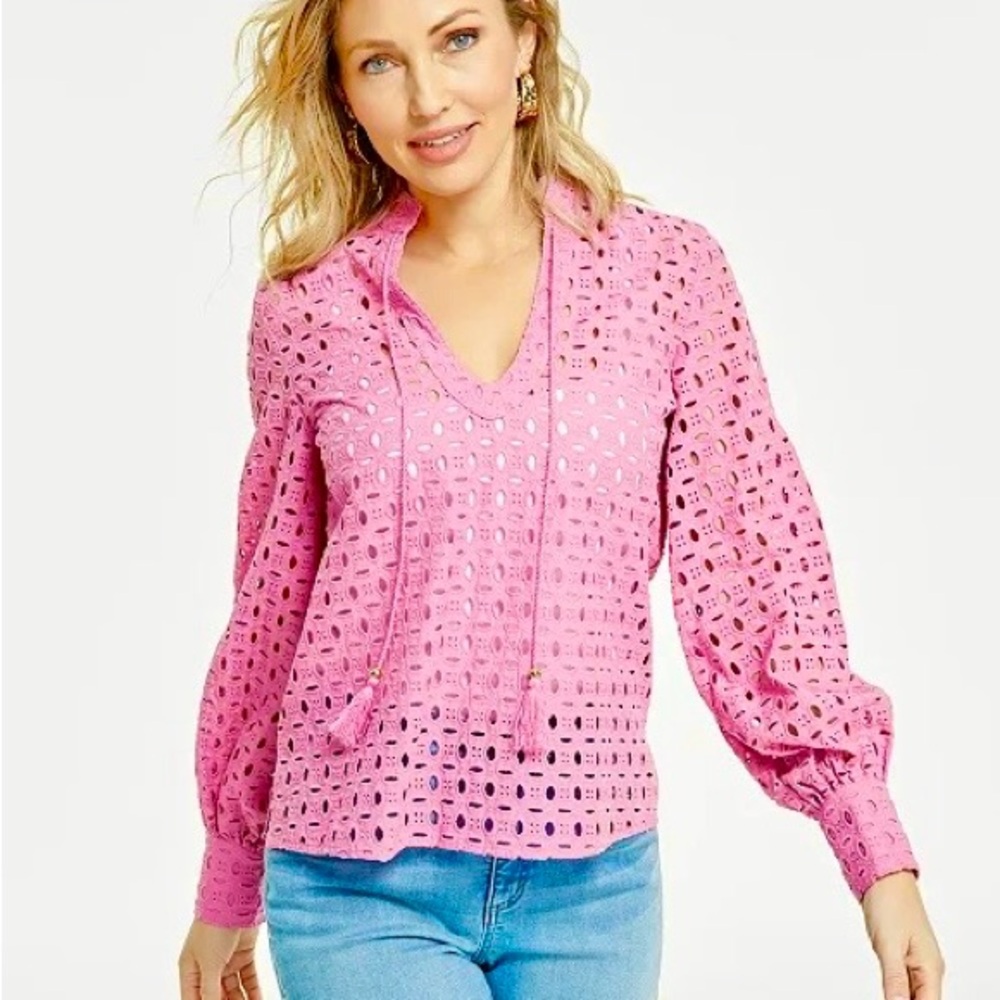 CALYPSO St. Barth Bohemian Linen Eyelet Embroidered Blouse Tie Neck 100% Cotton